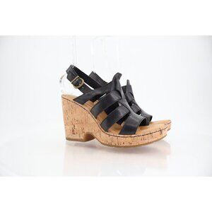 Born Bernese Womens Sandal Size 10 Black Leather Wedge Heel Open Toe Retro Caged